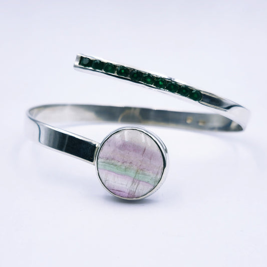 Sterling silver handmade open bangle with 20mm fluorite gemstone and channel-set green agates, adjustable size.
