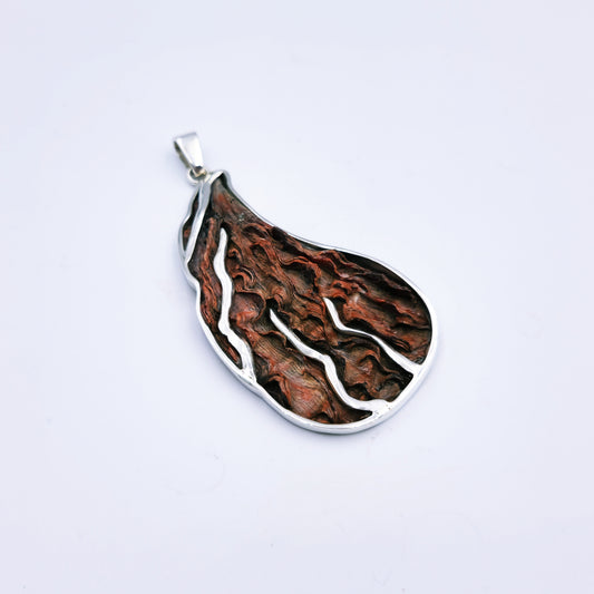 Free-form sterling silver pendant with natural abalone shell from the Eastern Cape, showing iridescent blues and greens with a silver frame.