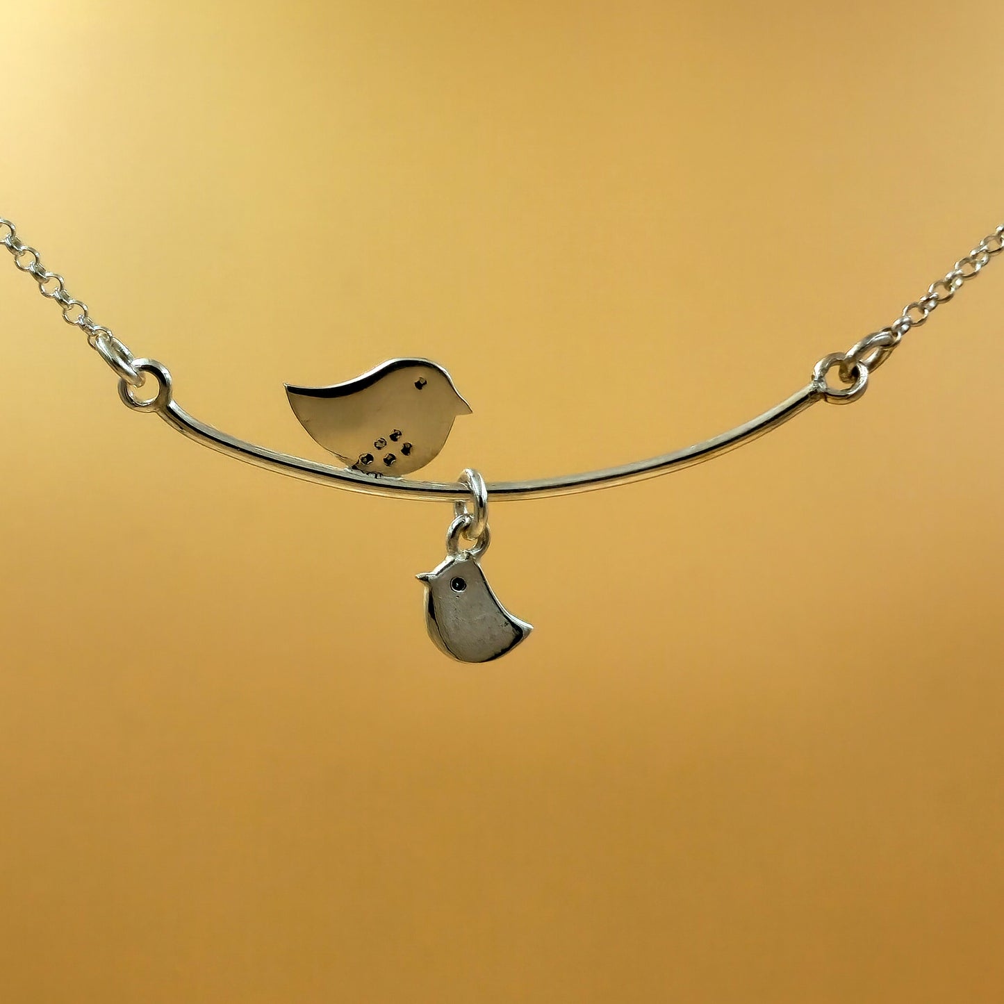 Handmade sterling silver mommy necklace with fixed pendant and one chic baby pendant, 48cm non-tarnish