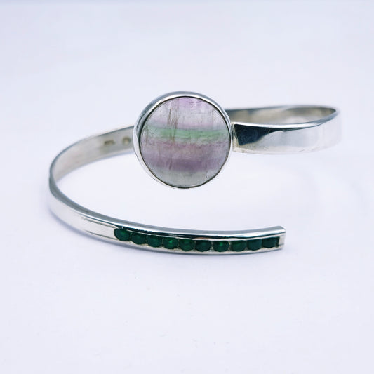Sterling silver handmade open bangle with 20mm fluorite gemstone and channel-set green agates, adjustable size.