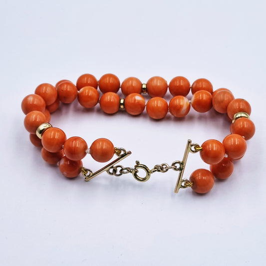 Double Strand Coral Bead Bracelet – 9ct Yellow Gold