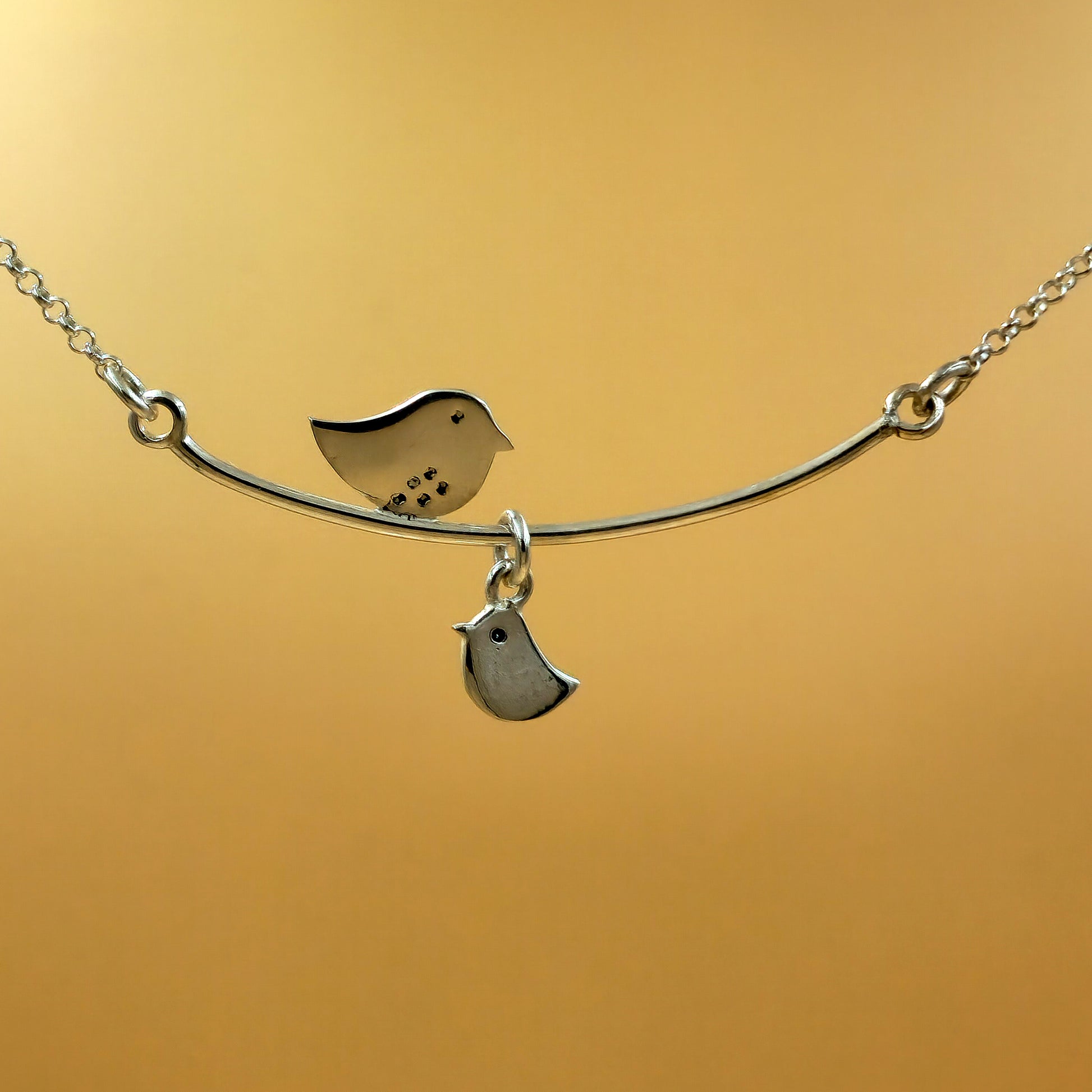 Handmade sterling silver mommy necklace with fixed pendant and one chic baby pendant, 48cm non-tarnish